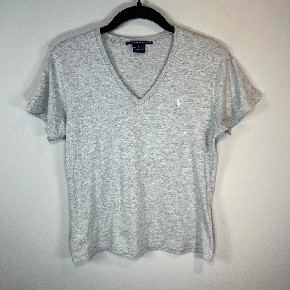 Ralph Lauren Sport V-Neck T-Shirt Heather Gray White Pony Logo Girls Size Medium